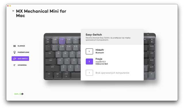 Ekran ustawień Easy-Switch dla klawiatury MX Mechanical Mini for Mac w aplikacji Logitech Options+.